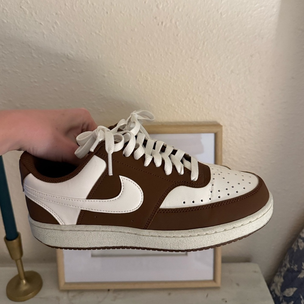 Brown and White Nike Court Vision Sneakers